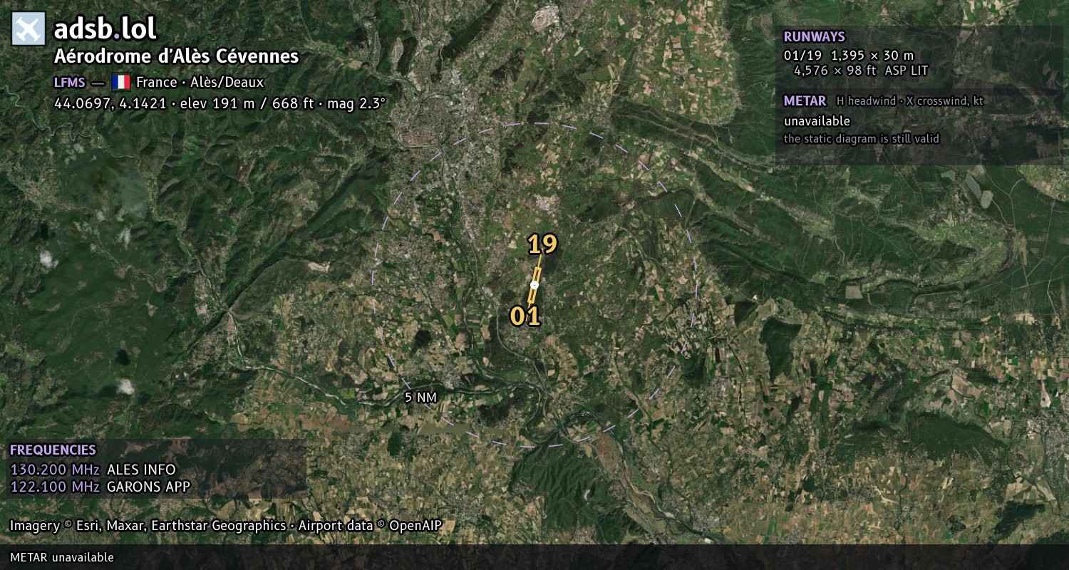 Satellite map with the runway layout of Aérodrome d'Alès Cévennes (LFMS)