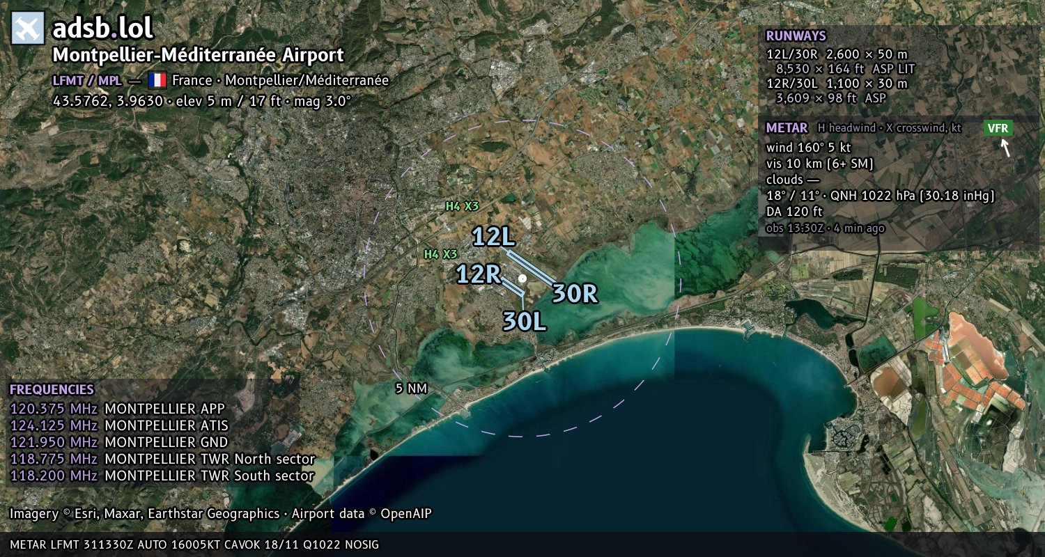 Satellite map with the runway layout of Montpellier-Méditerranée Airport (LFMT)