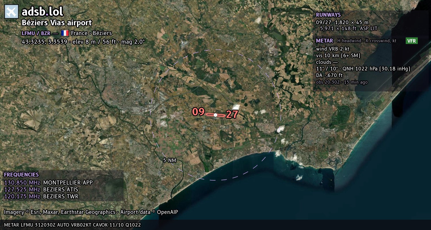 Satellite map with the runway layout of Béziers Vias airport (LFMU)