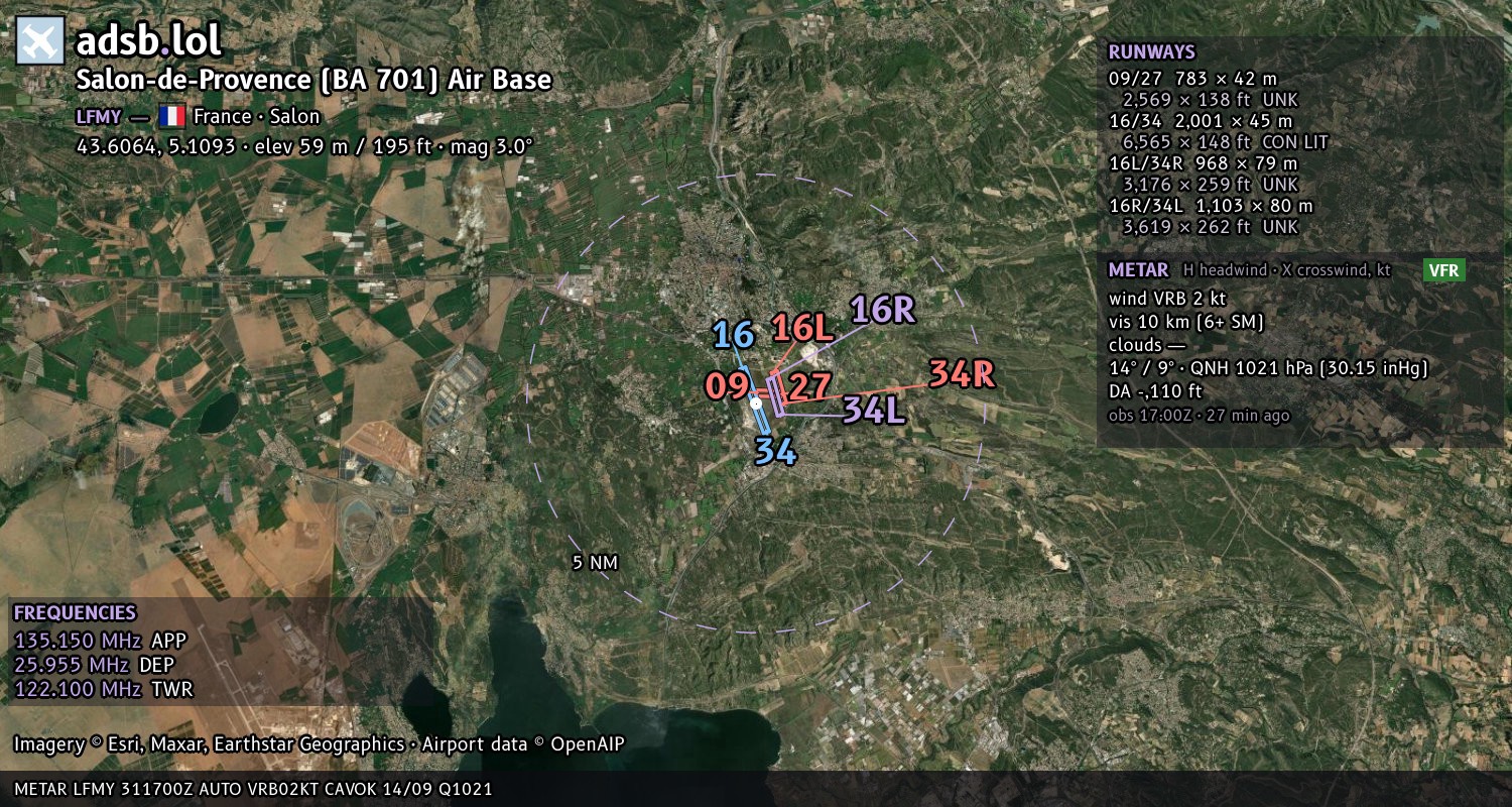 Satellite map with the runway layout of Salon-de-Provence (BA 701) Air Base (LFMY)