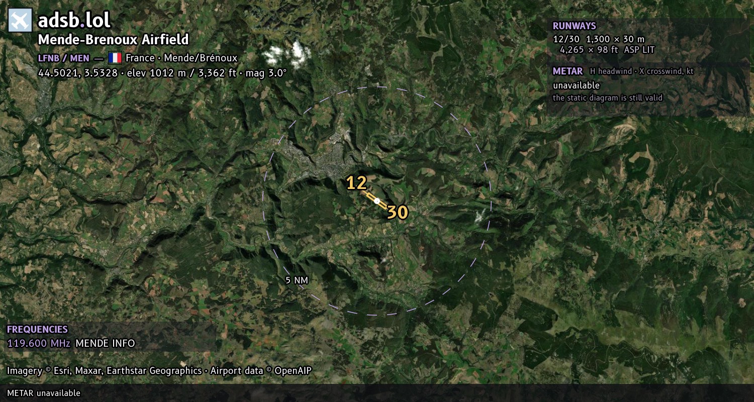 Satellite map with the runway layout of Mende-Brenoux Airfield (LFNB)