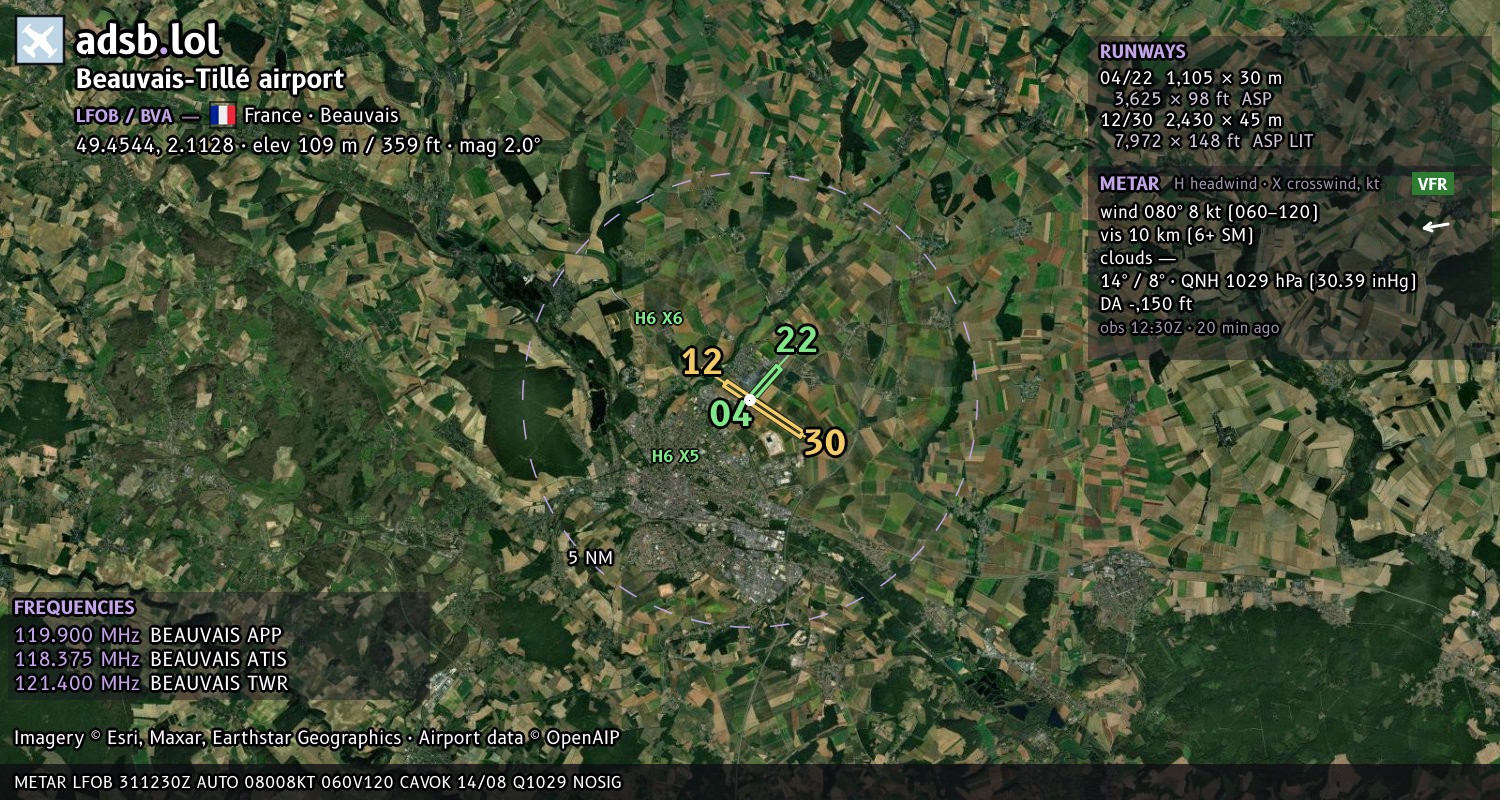 Satellite map with the runway layout of Beauvais-Tillé airport (LFOB)