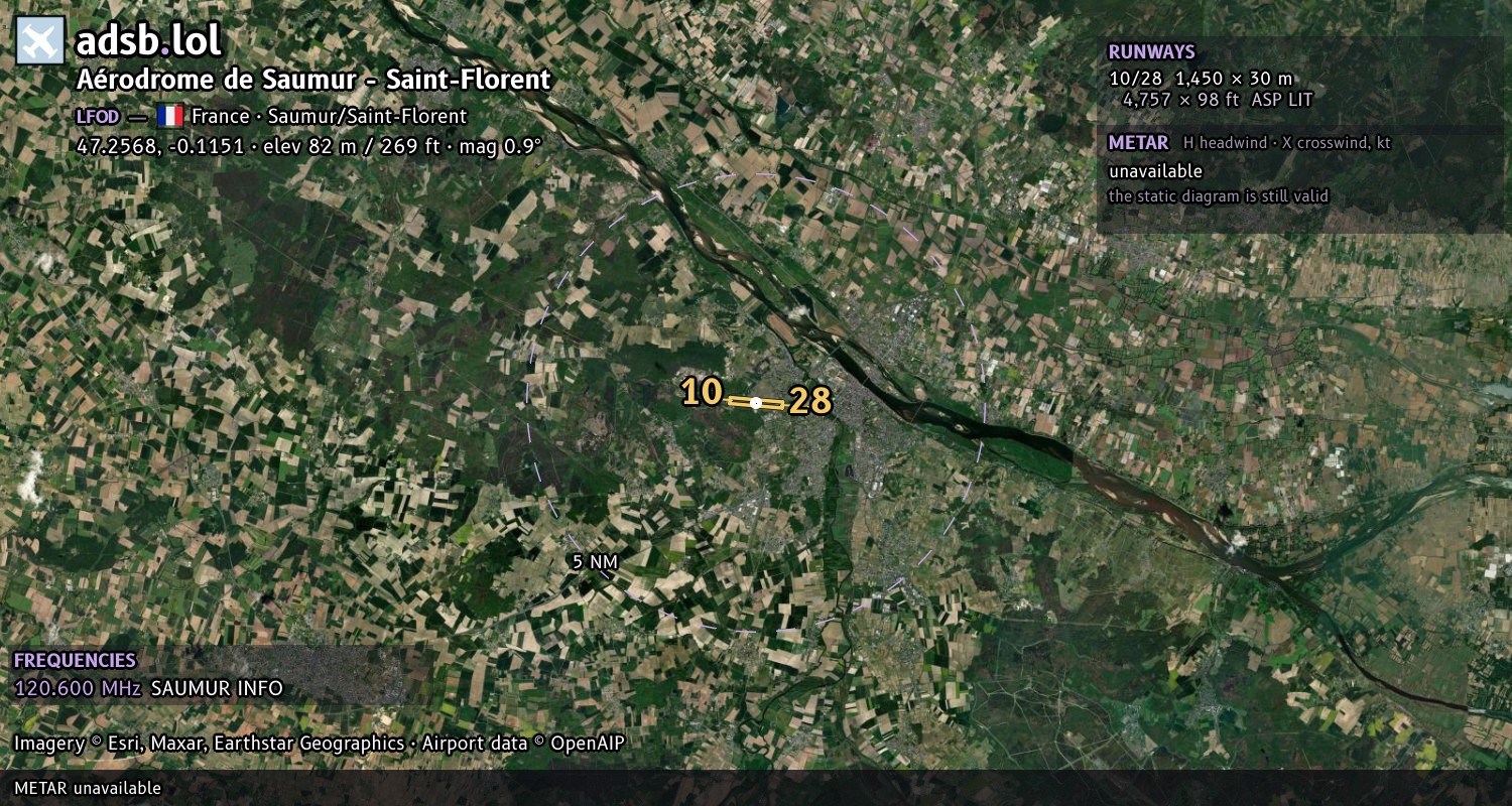 Satellite map with the runway layout of Aérodrome de Saumur - Saint-Florent (LFOD)
