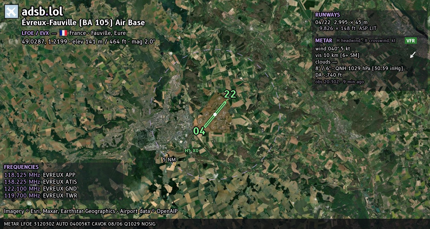 Satellite map with the runway layout of Évreux-Fauville (BA 105) Air Base (LFOE)