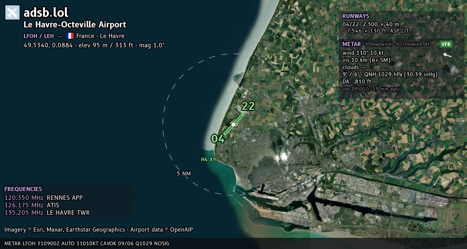 Satellite map with the runway layout of Le Havre-Octeville Airport (LFOH)
