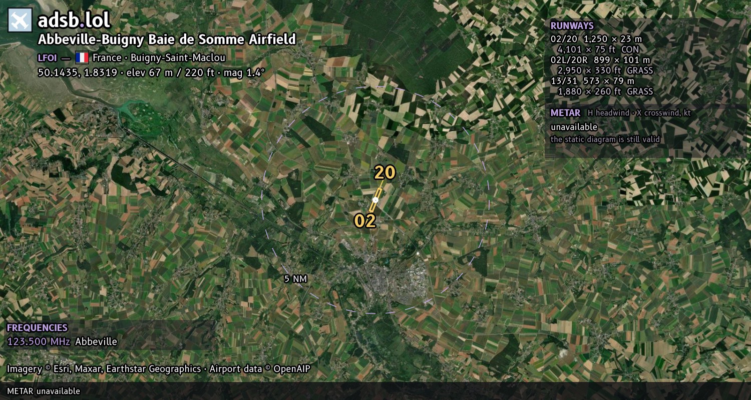 Satellite map with the runway layout of Abbeville-Buigny Baie de Somme Airfield (LFOI)