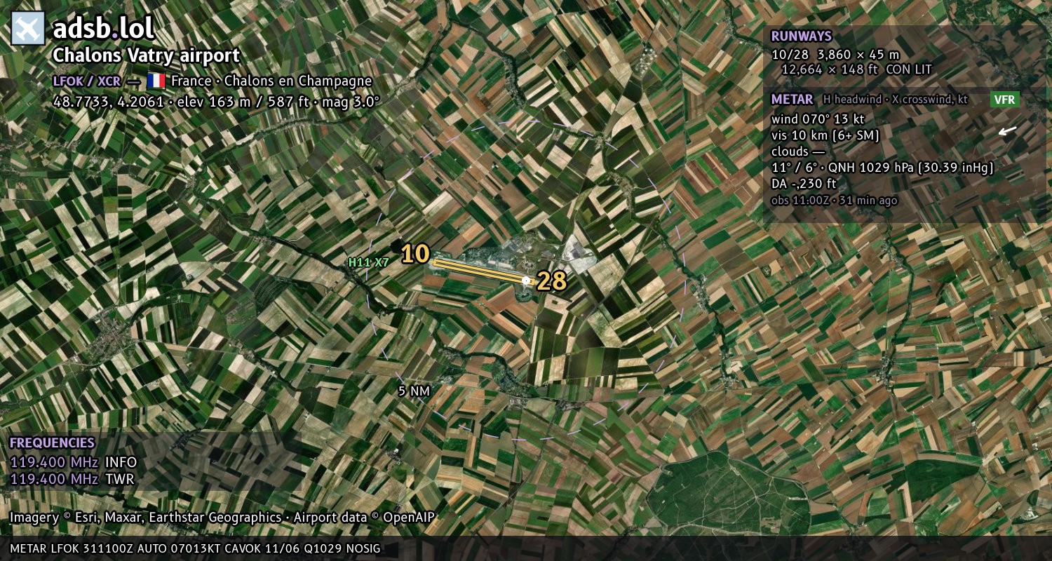 Satellite map with the runway layout of Chalons Vatry airport (LFOK)