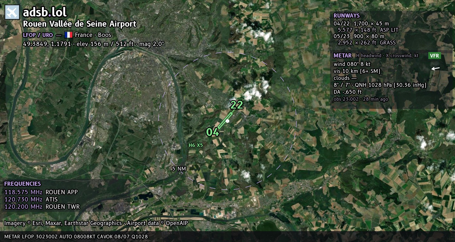 Satellite map with the runway layout of Rouen Vallée de Seine Airport (LFOP)