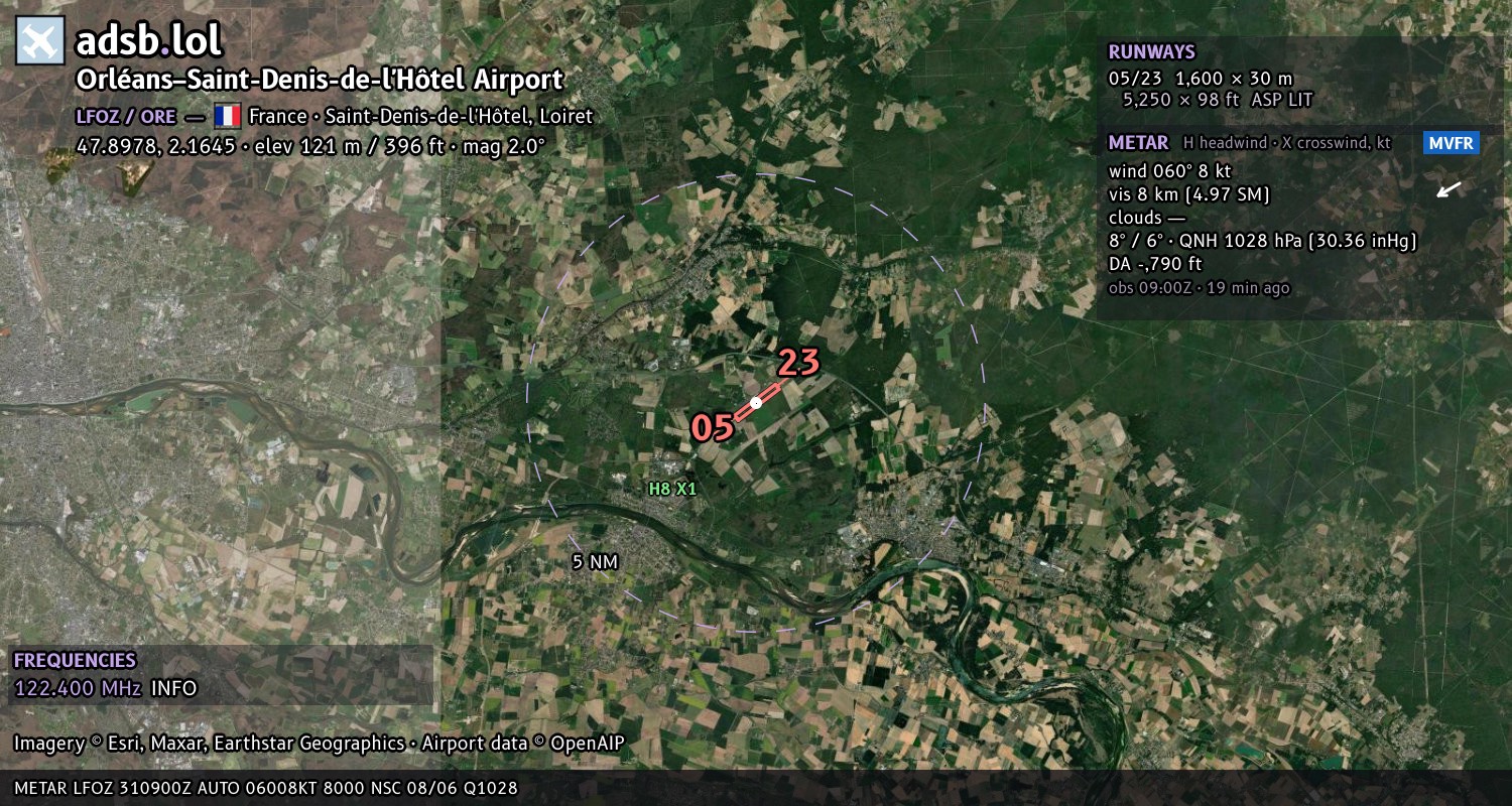 Satellite map with the runway layout of Orléans–Saint-Denis-de-l'Hôtel Airport (LFOZ)