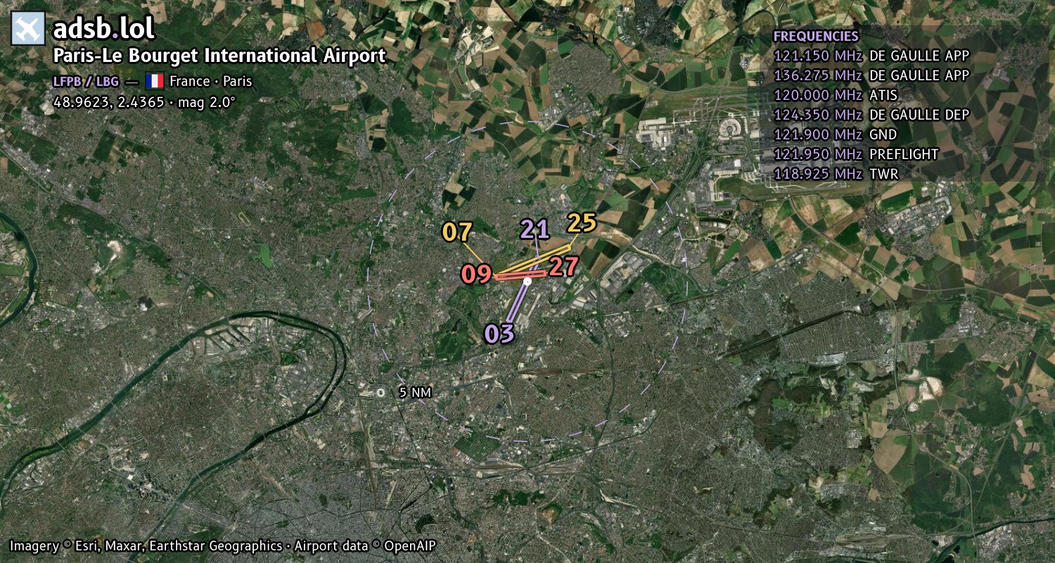 Satellite map with the runway layout of Paris-Le Bourget International Airport (LFPB)