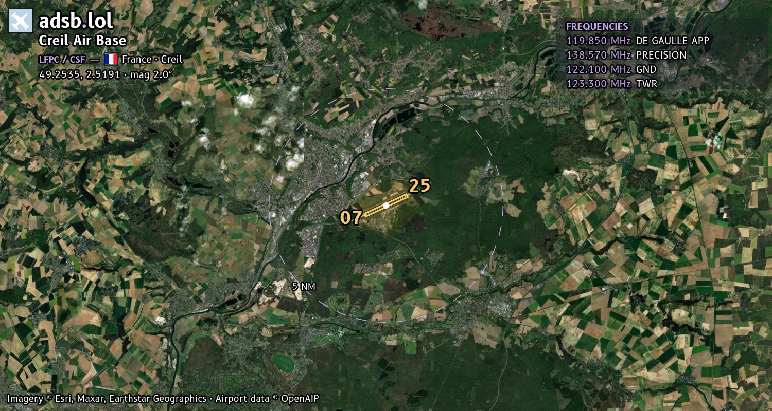 Satellite map with the runway layout of Creil Air Base (LFPC)