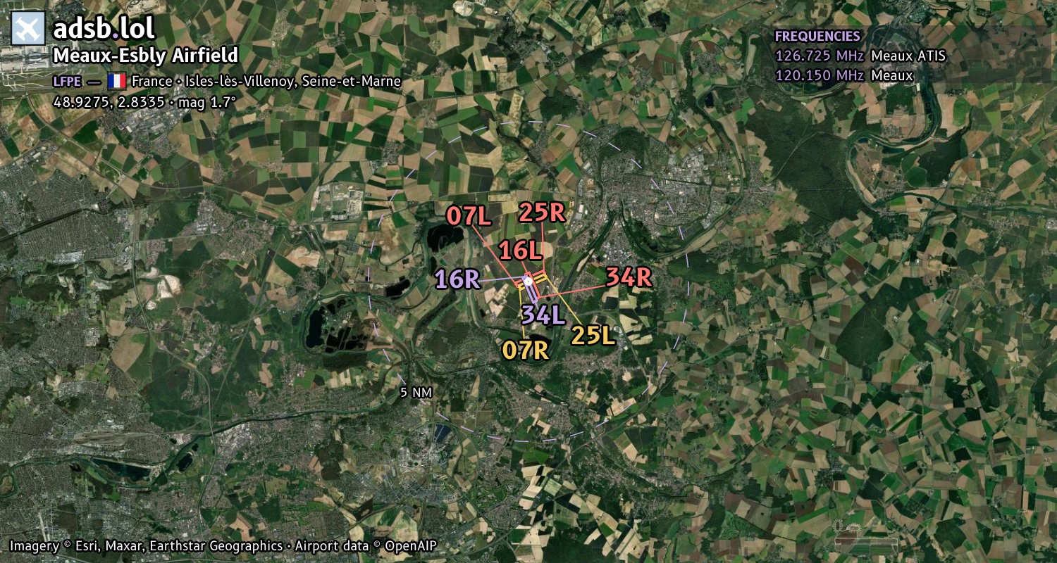 Satellite map with the runway layout of Meaux-Esbly Airfield (LFPE)