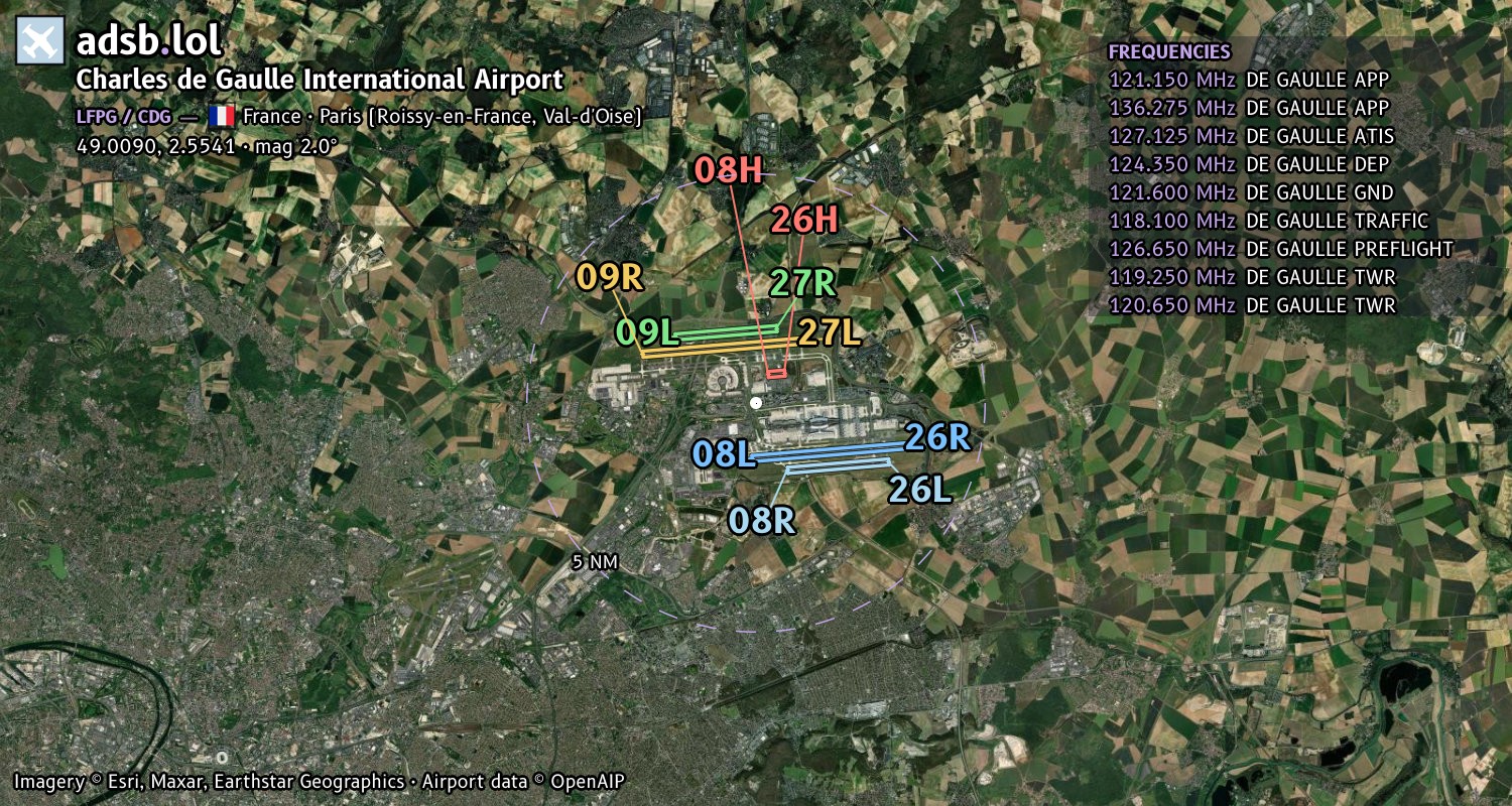 Satellite map with the runway layout of Charles de Gaulle International Airport (LFPG)