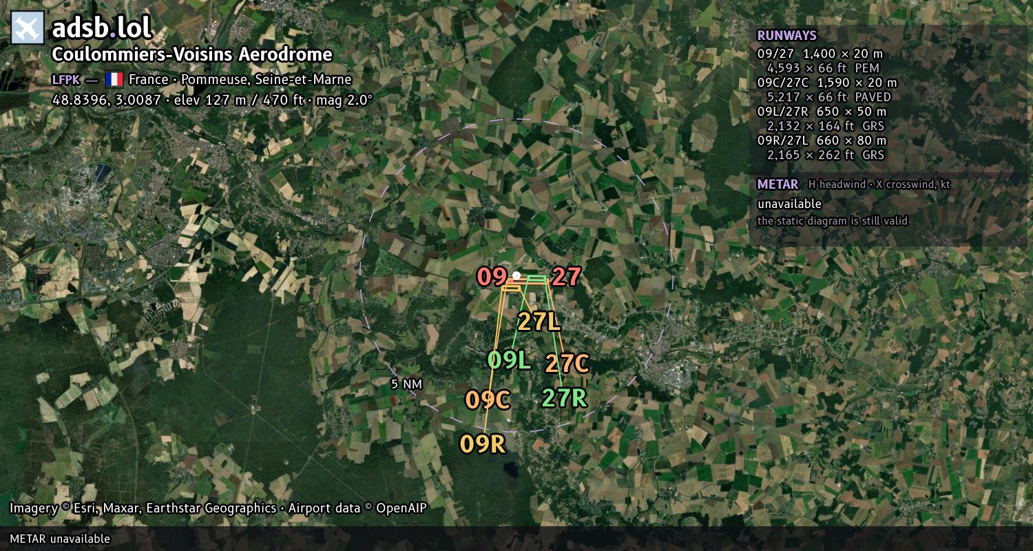 Satellite map with the runway layout of Coulommiers-Voisins Aerodrome (LFPK)