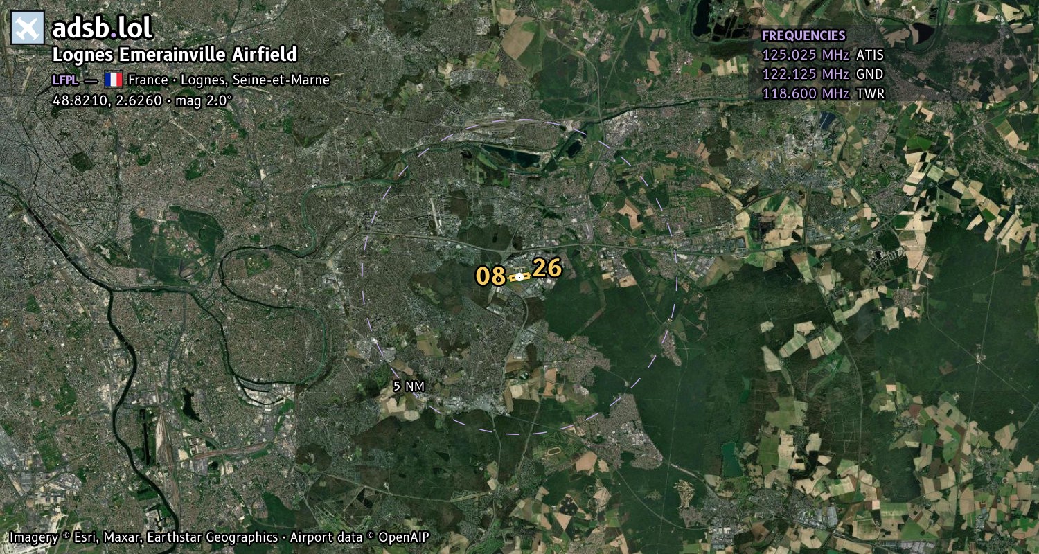 Satellite map with the runway layout of Lognes Emerainville Airfield (LFPL)