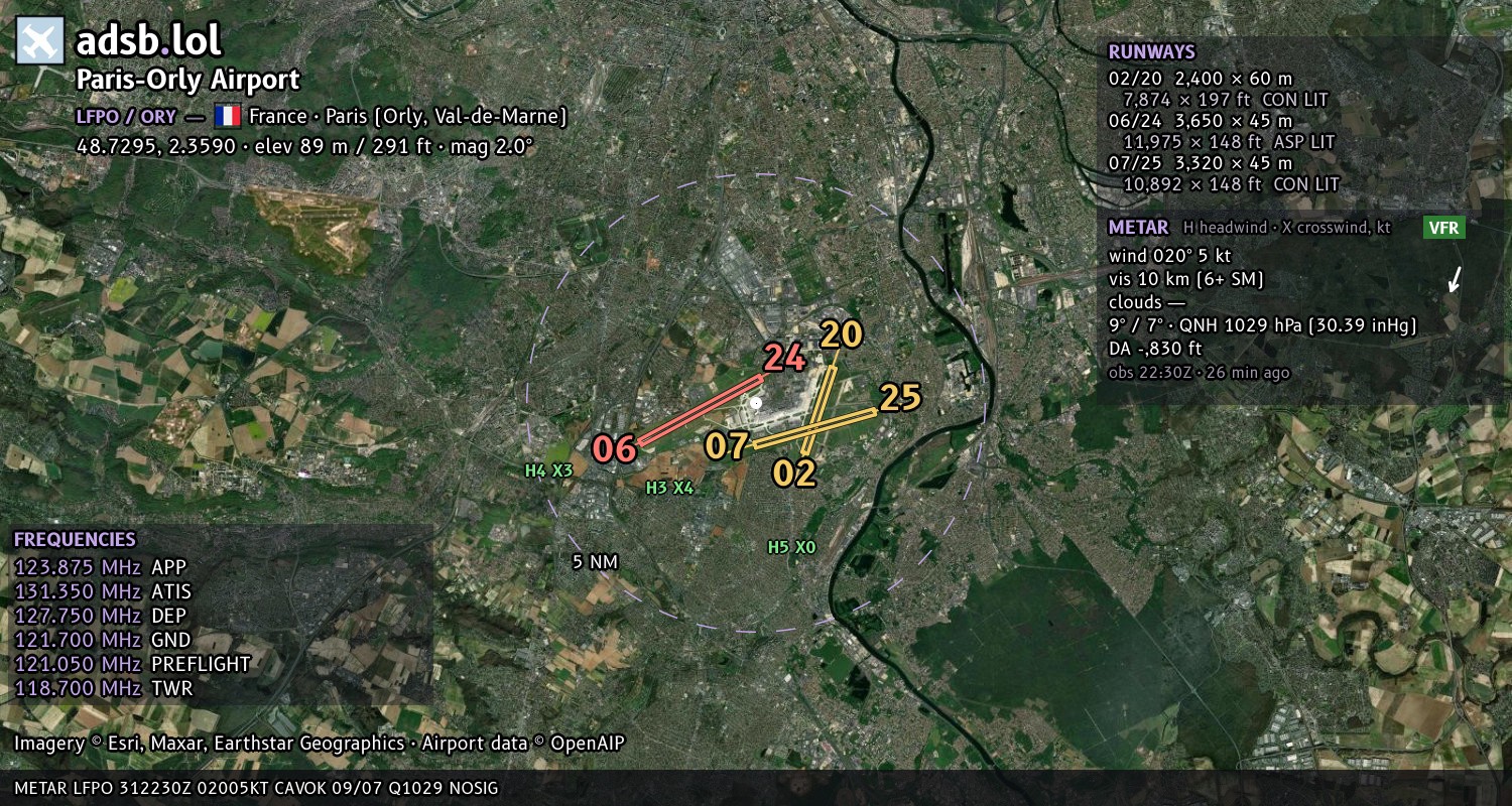 Satellite map with the runway layout of Paris-Orly Airport (LFPO)