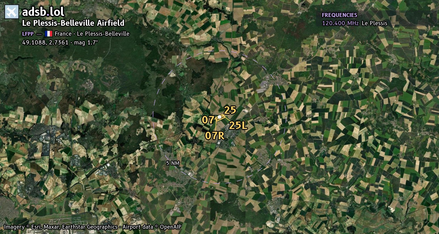 Satellite map with the runway layout of Le Plessis-Belleville Airfield (LFPP)
