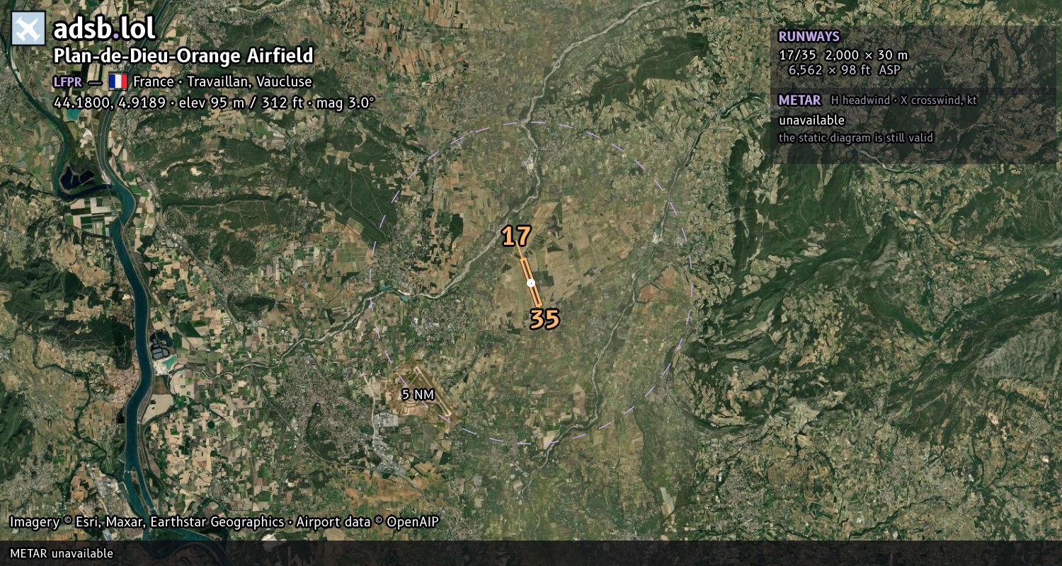 Satellite map with the runway layout of Plan-de-Dieu-Orange Airfield (LFPR)