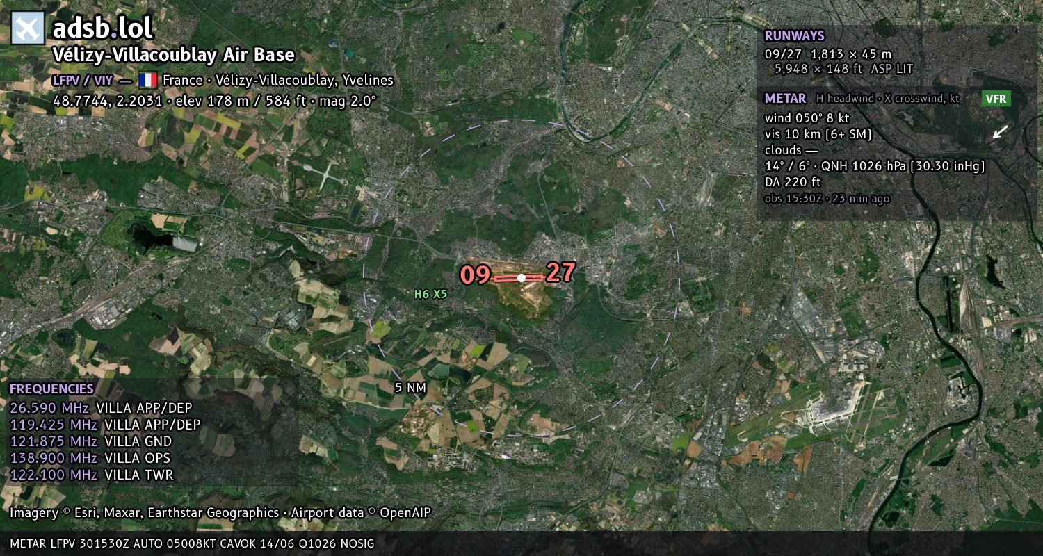 Satellite map with the runway layout of Vélizy-Villacoublay Air Base (LFPV)