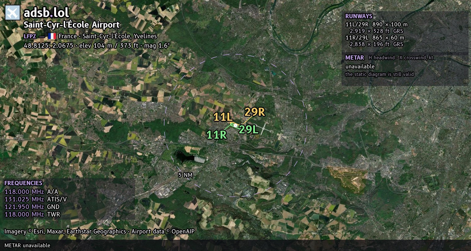 Satellite map with the runway layout of Saint-Cyr-l'École Airport (LFPZ)