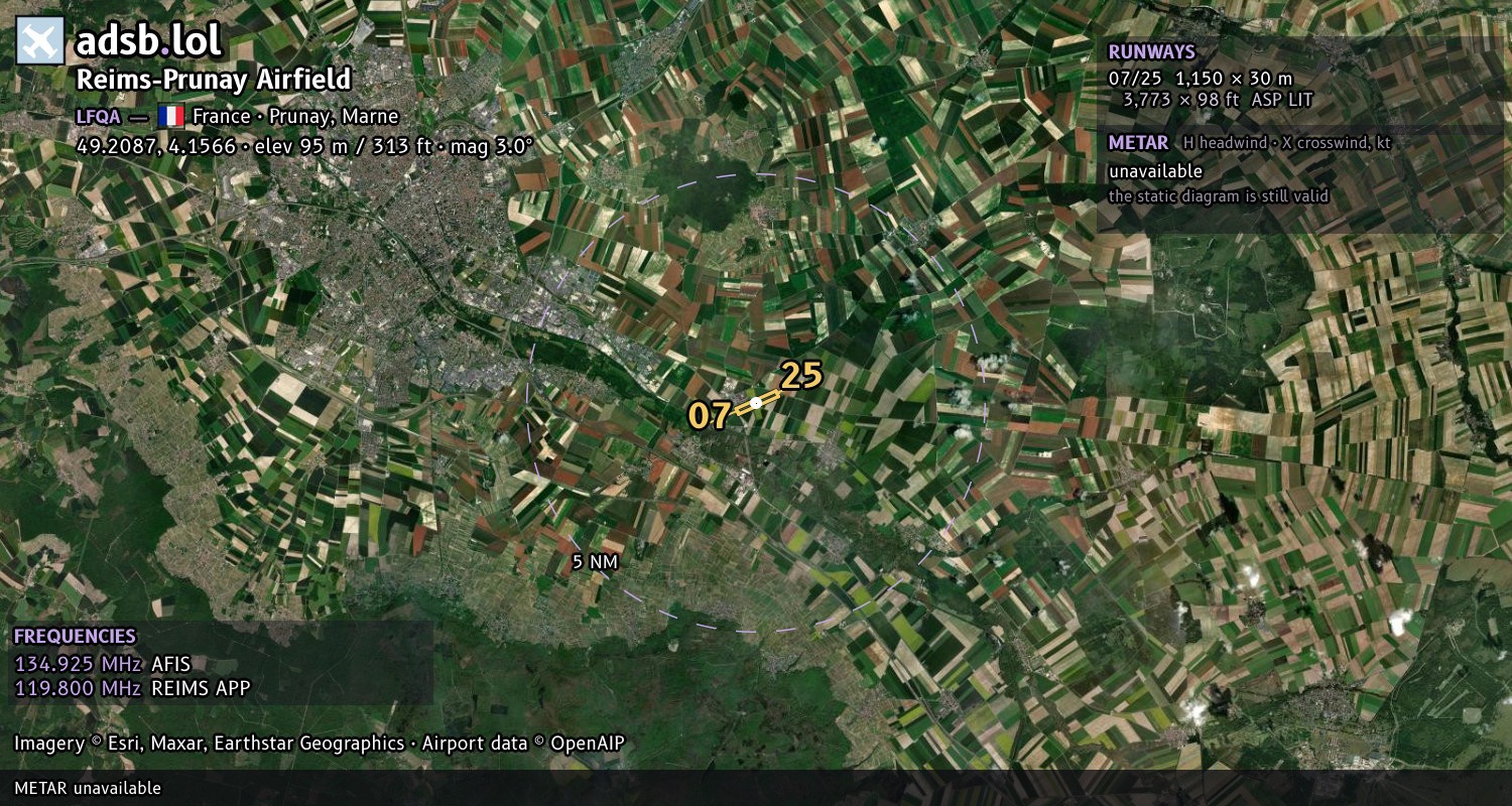 Satellite map with the runway layout of Reims-Prunay Airfield (LFQA)