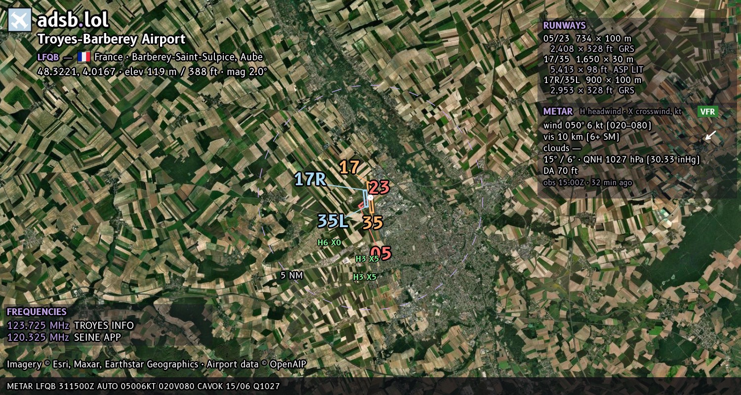Satellite map with the runway layout of Troyes-Barberey Airport (LFQB)