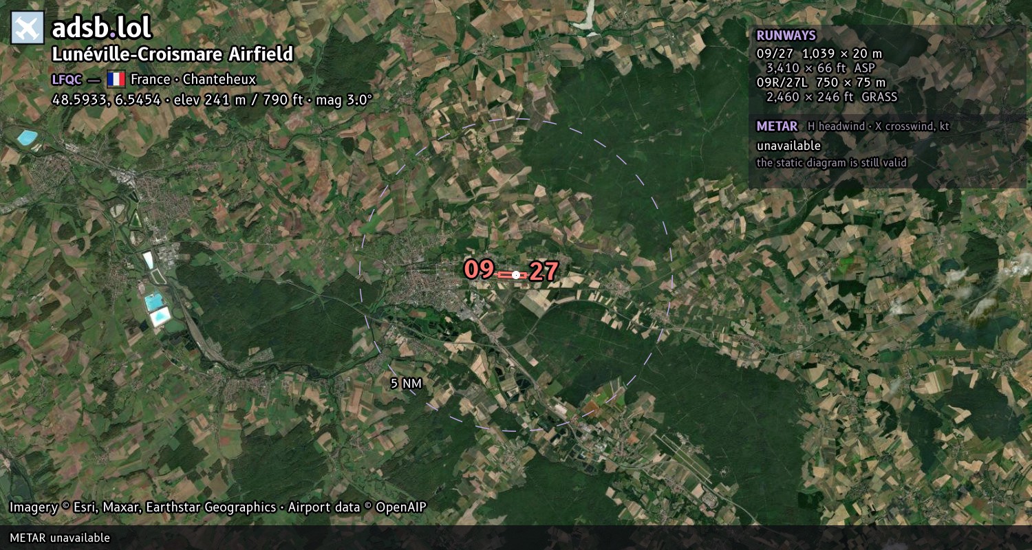 Satellite map with the runway layout of Lunéville-Croismare Airfield (LFQC)