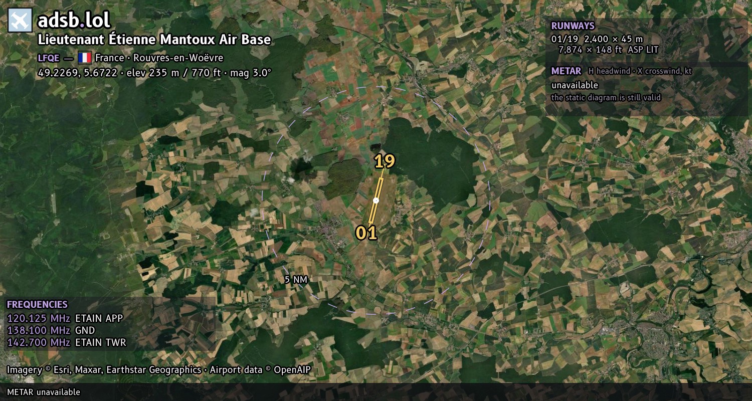 Satellite map with the runway layout of Lieutenant Étienne Mantoux Air Base (LFQE)