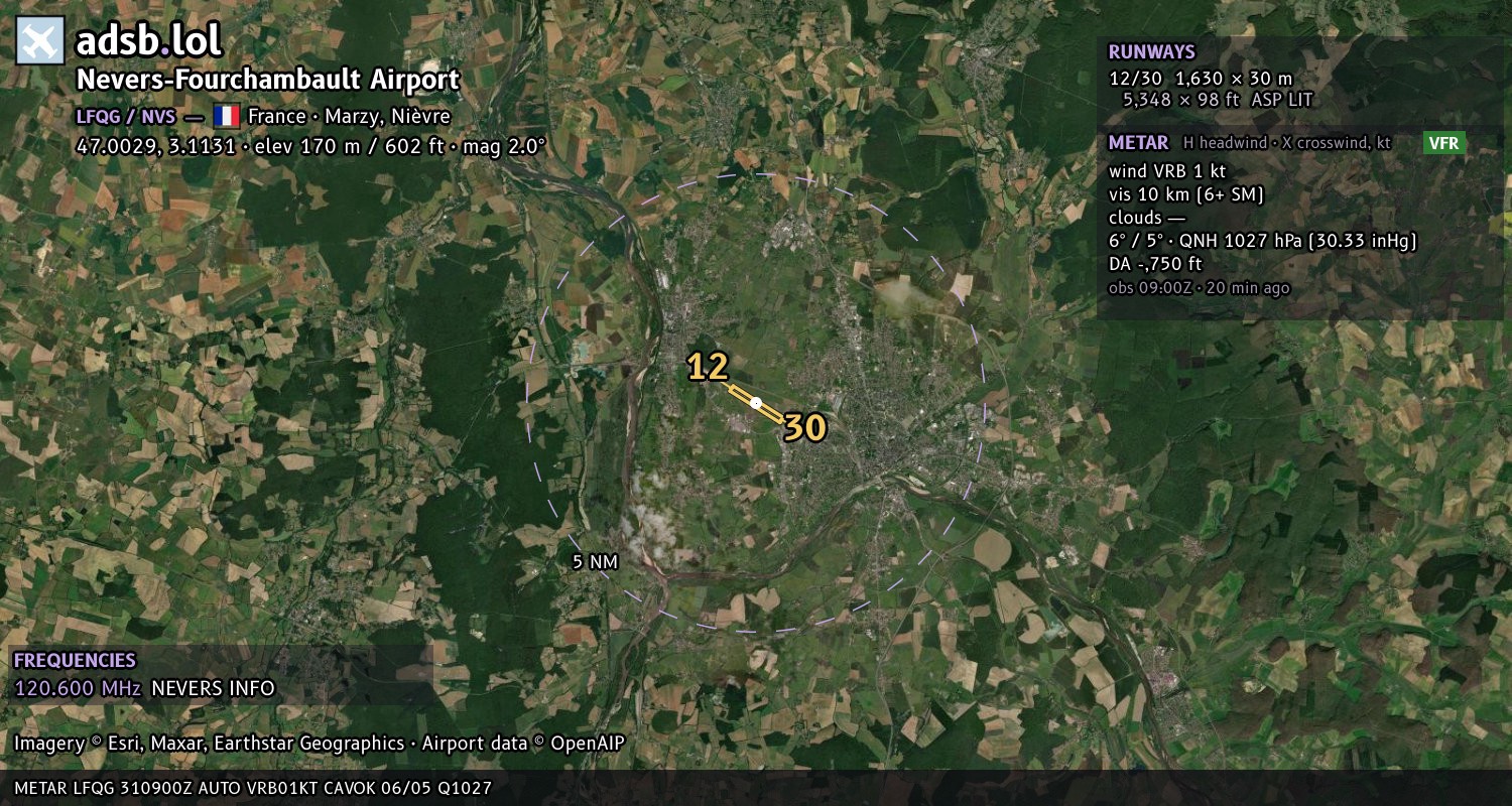 Satellite map with the runway layout of Nevers-Fourchambault Airport (LFQG)