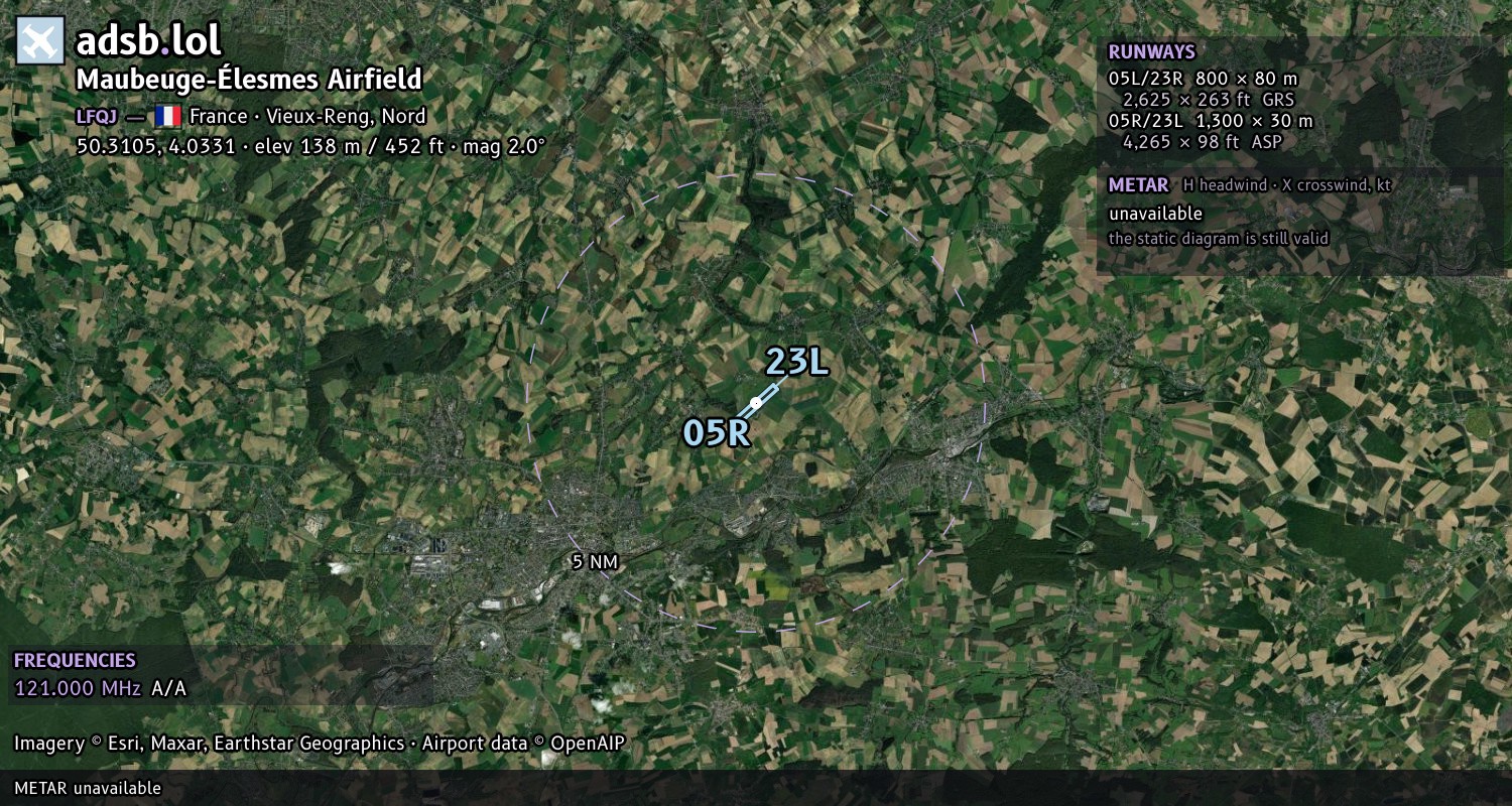 Satellite map with the runway layout of Maubeuge-Élesmes Airfield (LFQJ)