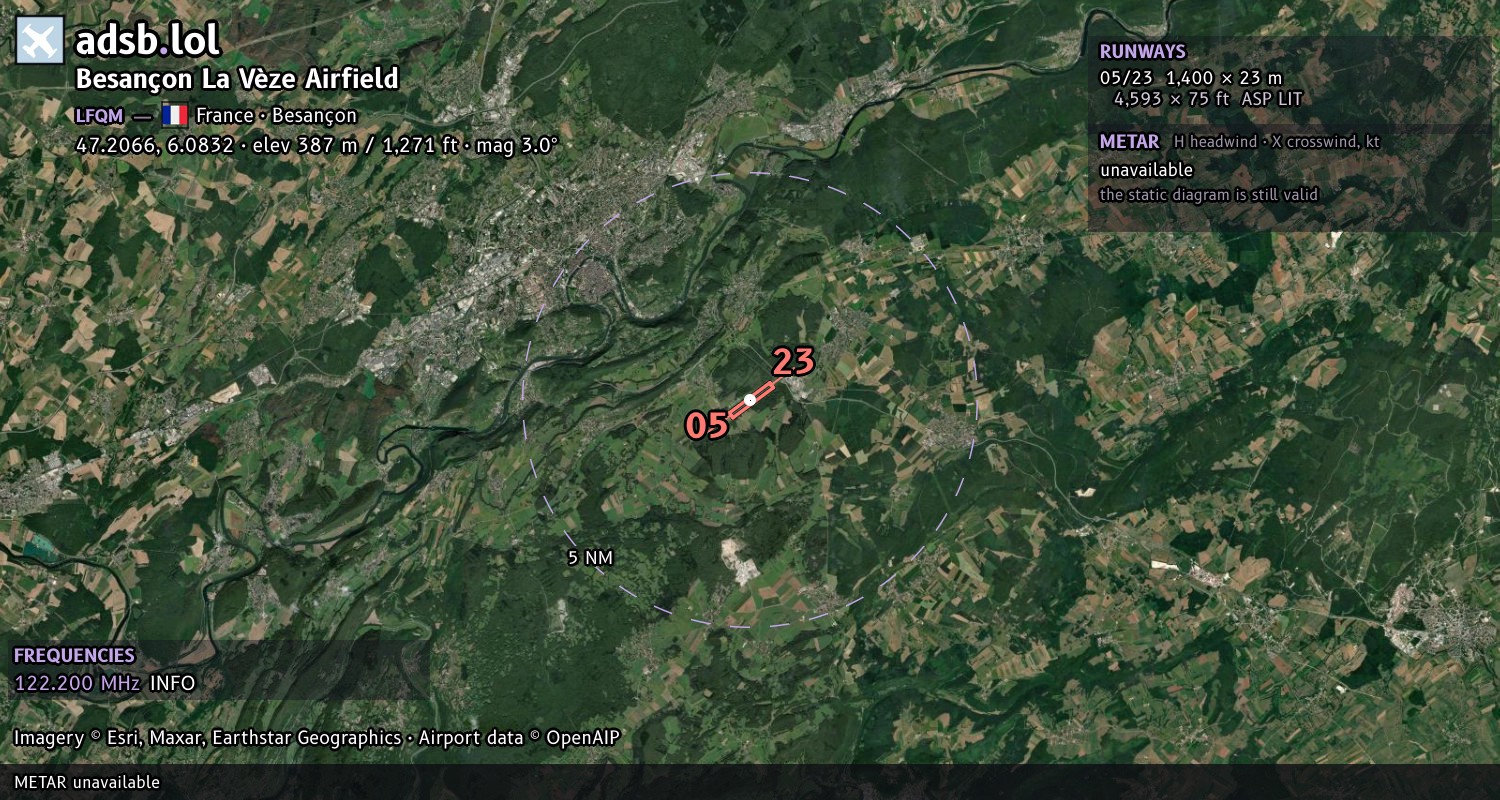 Satellite map with the runway layout of Besançon La Vèze Airfield (LFQM)