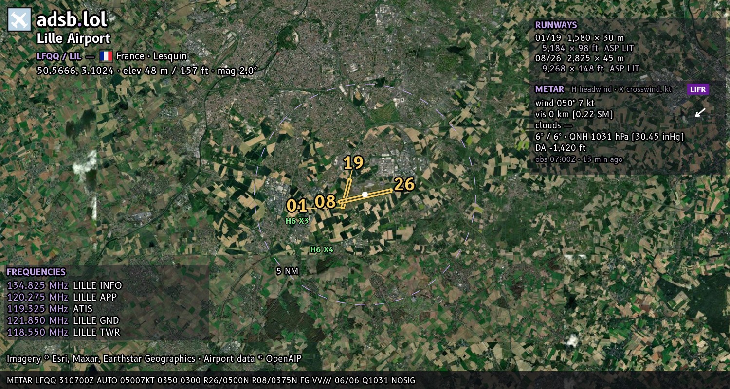 Satellite map with the runway layout of Lille Airport (LFQQ)