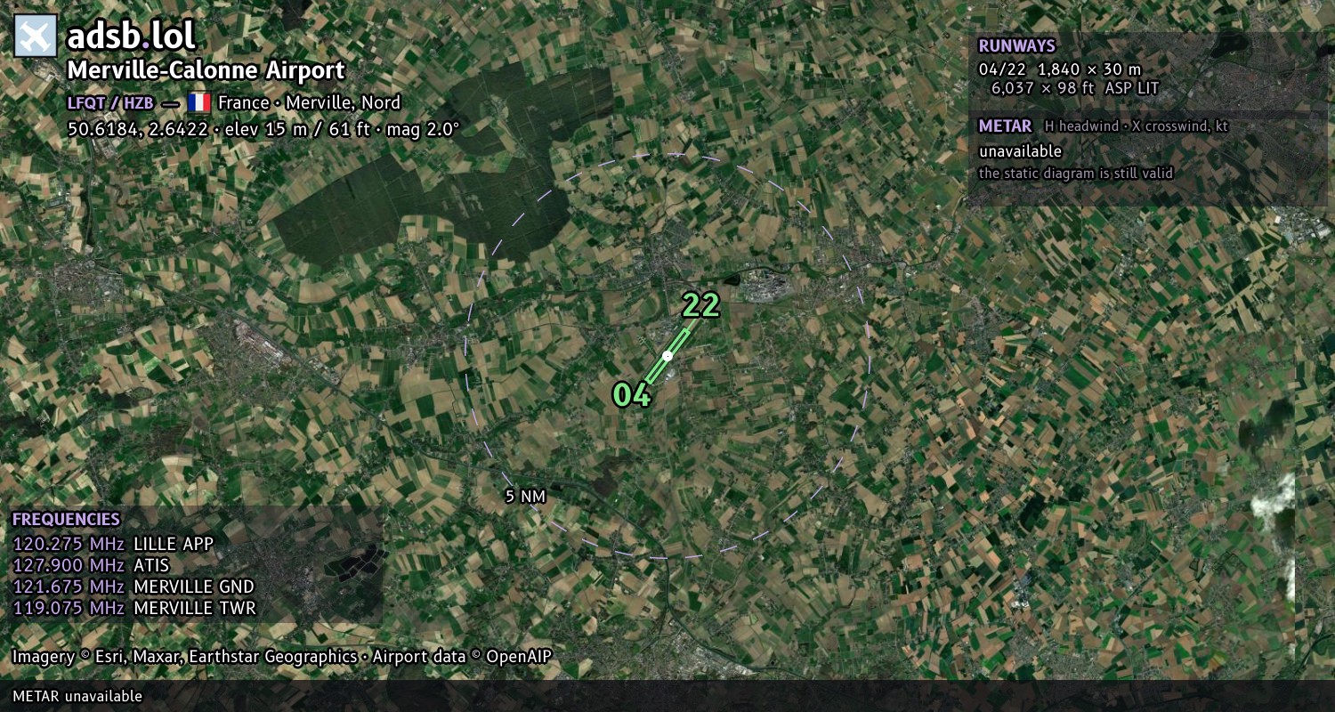 Satellite map with the runway layout of Merville-Calonne Airport (LFQT)