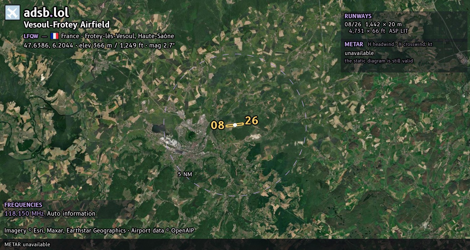 Satellite map with the runway layout of Vesoul-Frotey Airfield (LFQW)