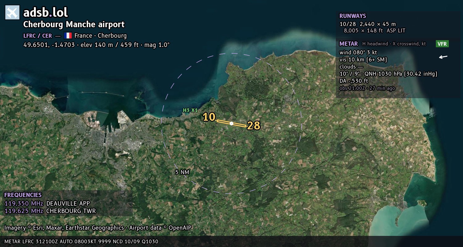Satellite map with the runway layout of Cherbourg Manche airport (LFRC)