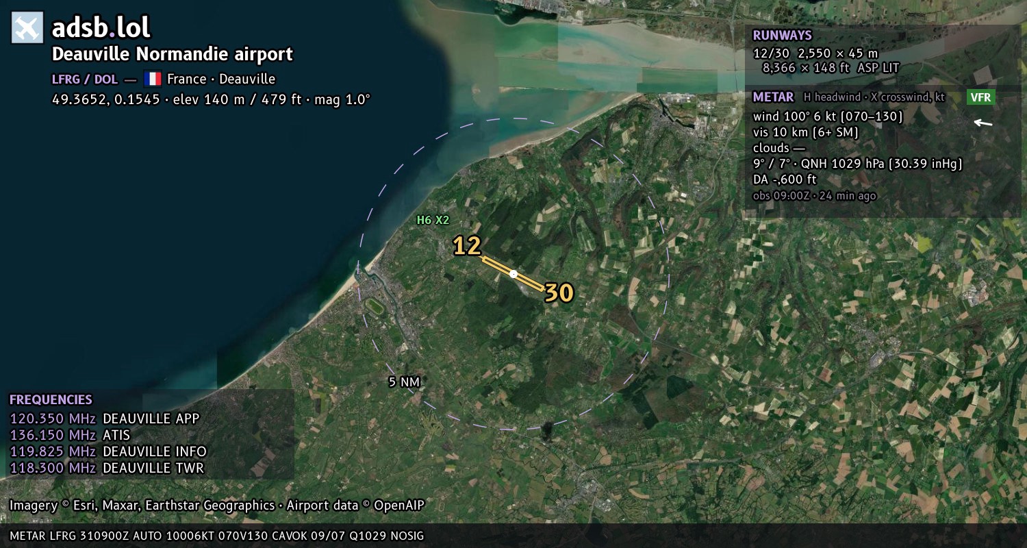 Satellite map with the runway layout of Deauville Normandie airport (LFRG)