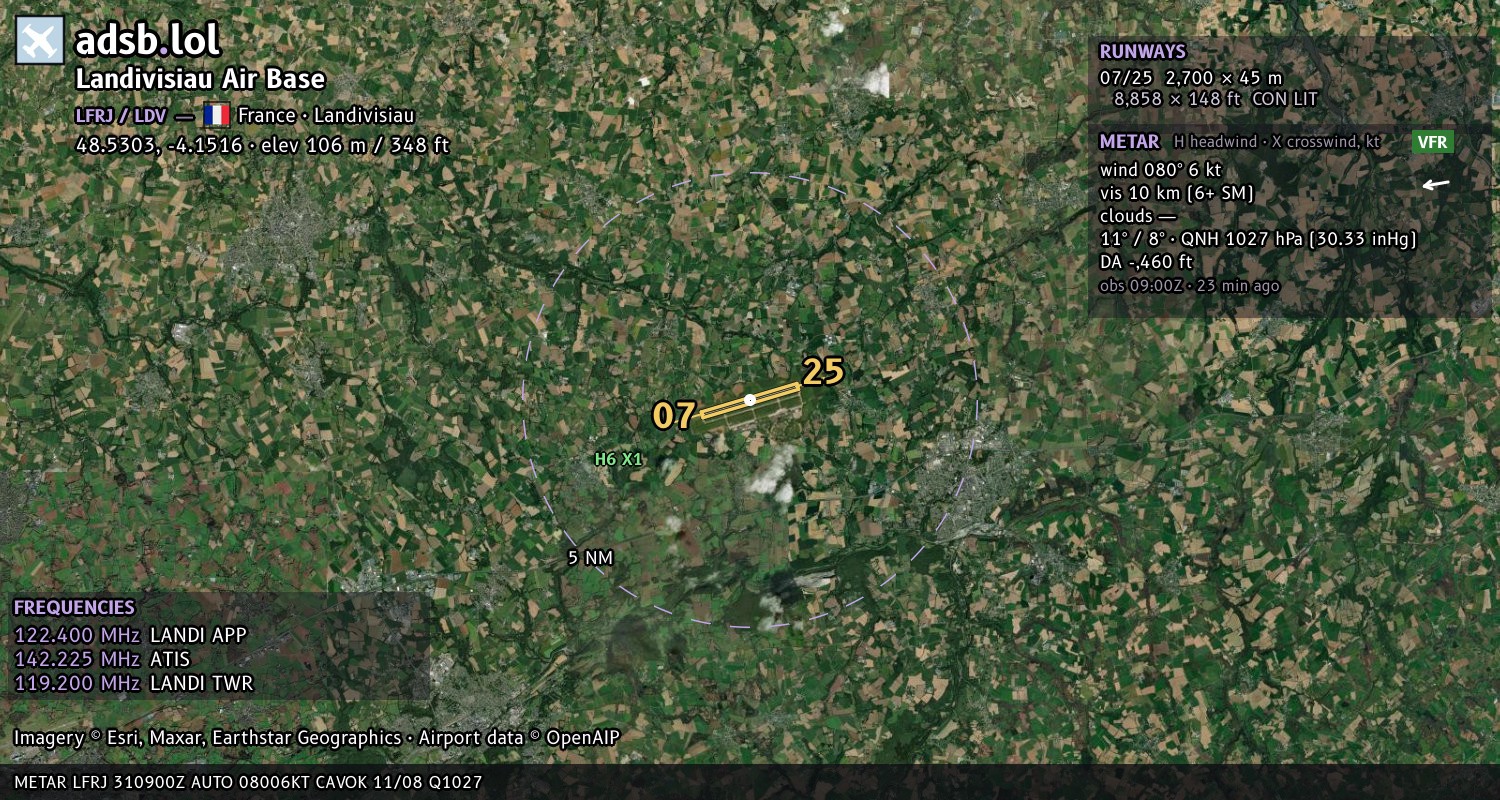 Satellite map with the runway layout of Landivisiau Air Base (LFRJ)