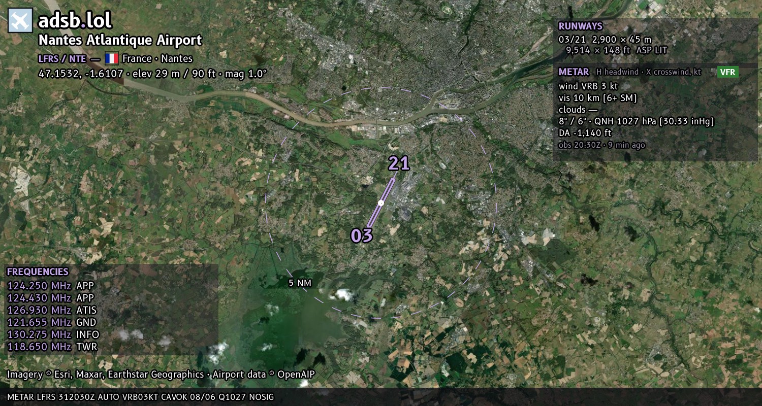 Satellite map with the runway layout of Nantes Atlantique Airport (LFRS)