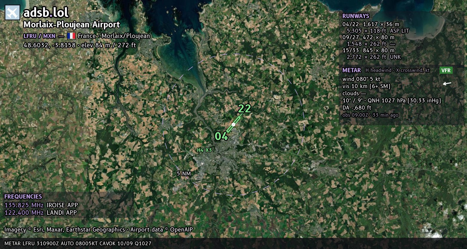 Satellite map with the runway layout of Morlaix-Ploujean Airport (LFRU)