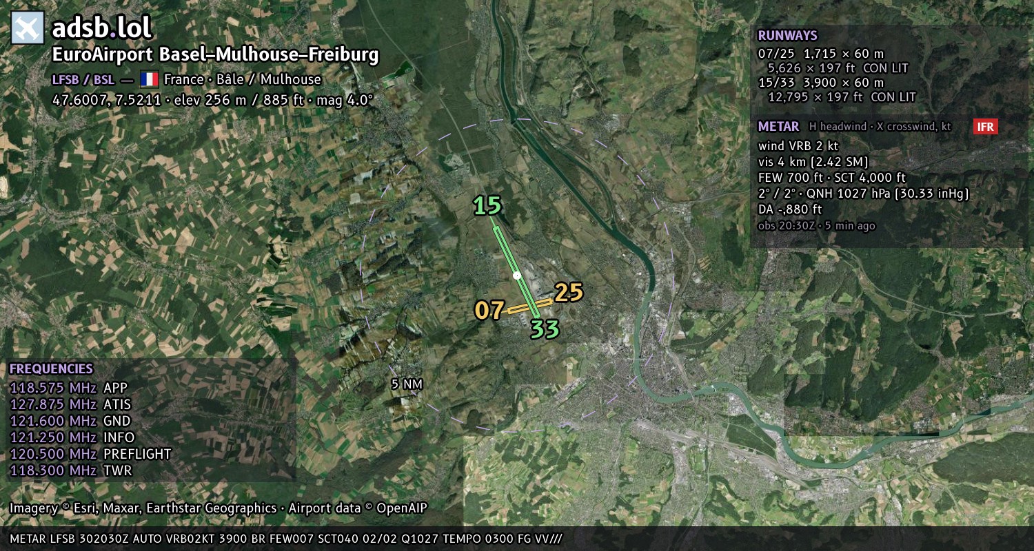 Satellite map with the runway layout of EuroAirport Basel–Mulhouse–Freiburg (LFSB)