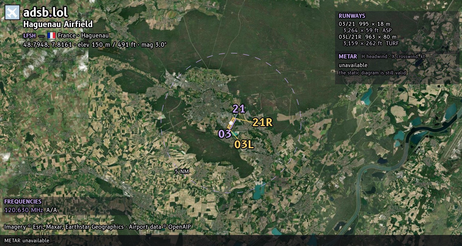 Satellite map with the runway layout of Haguenau Airfield (LFSH)