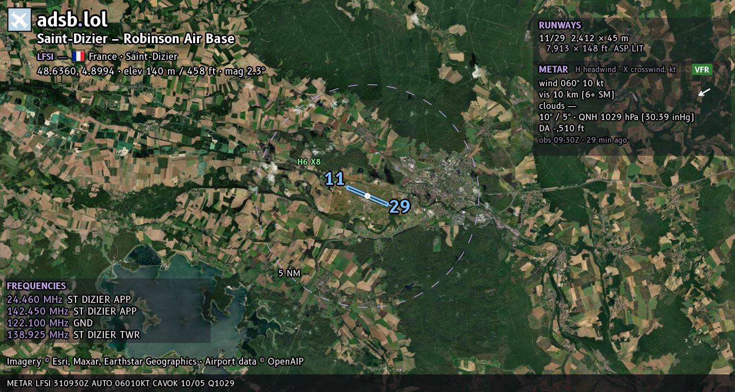 Satellite map with the runway layout of Saint-Dizier – Robinson Air Base (LFSI)