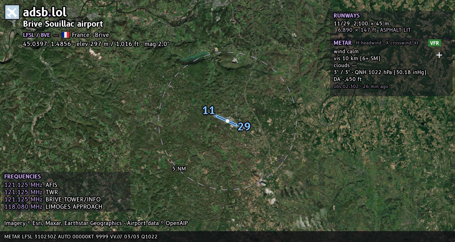 Satellite map with the runway layout of Brive Souillac airport (LFSL)