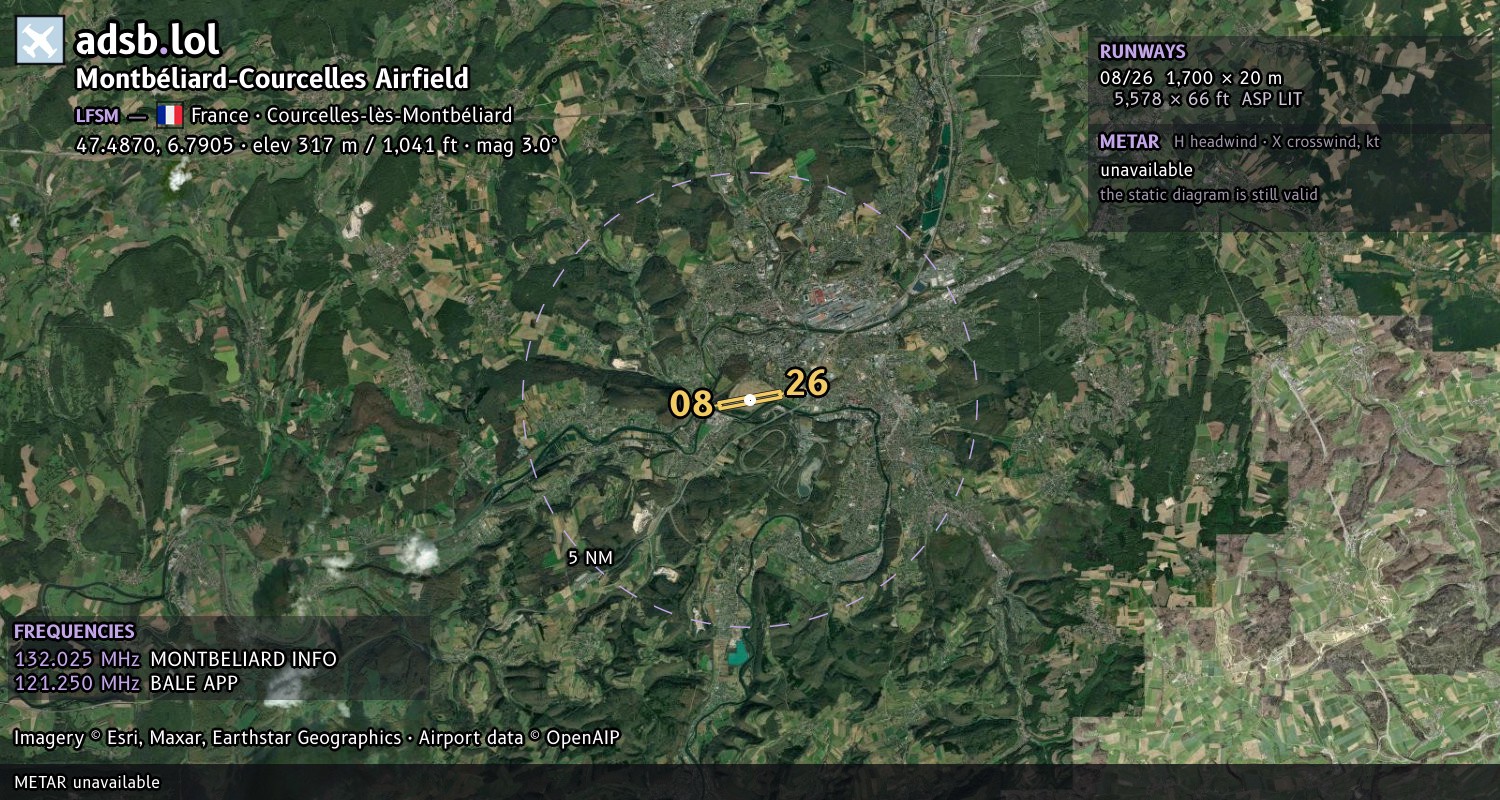 Satellite map with the runway layout of Montbéliard-Courcelles Airfield (LFSM)
