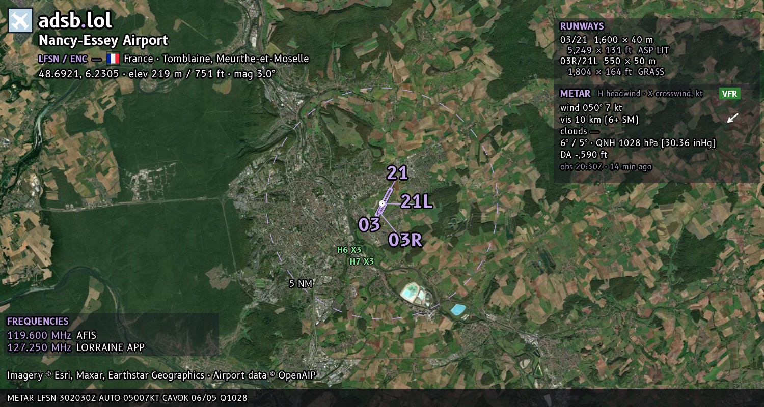 Satellite map with the runway layout of Nancy-Essey Airport (LFSN)