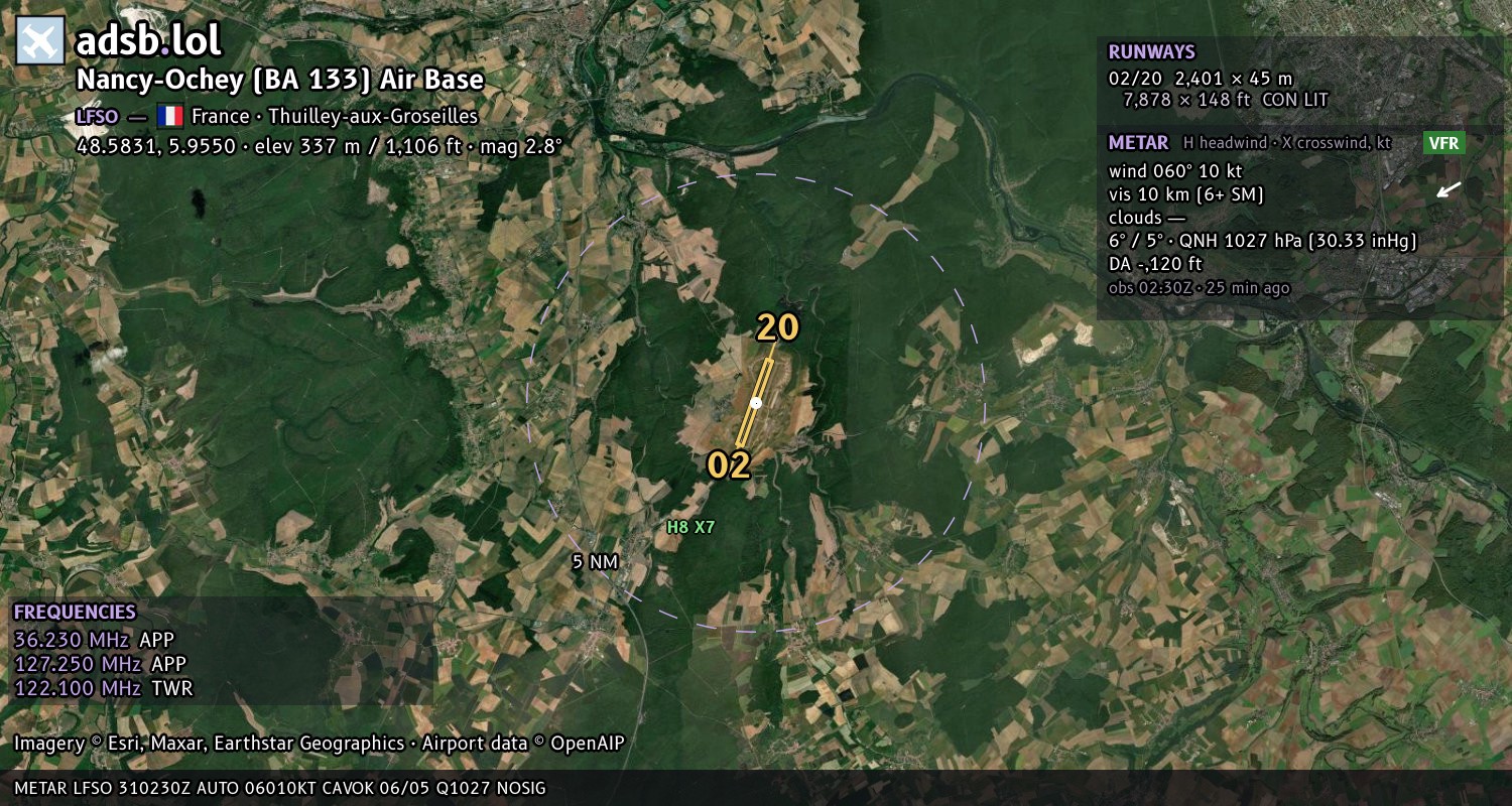 Satellite map with the runway layout of Nancy-Ochey (BA 133) Air Base (LFSO)