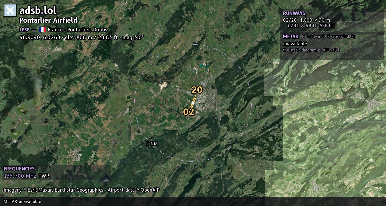 Satellite map with the runway layout of Pontarlier Airfield (LFSP)