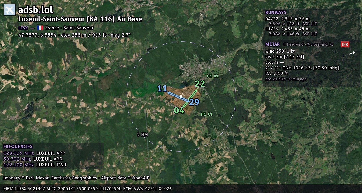 Satellite map with the runway layout of Luxeuil-Saint-Sauveur (BA 116) Air Base (LFSX)