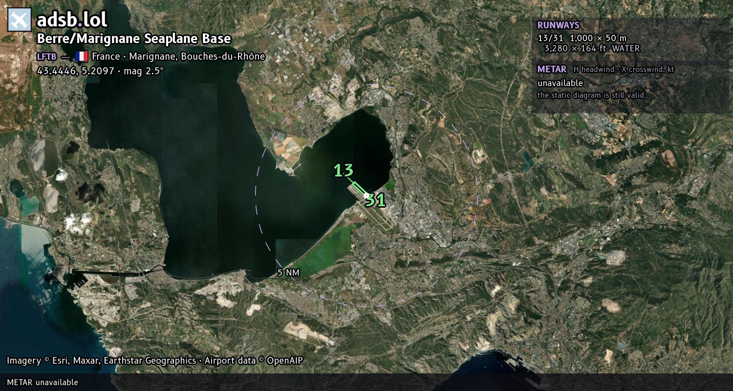 Satellite map with the runway layout of Berre/Marignane Seaplane Base (LFTB)