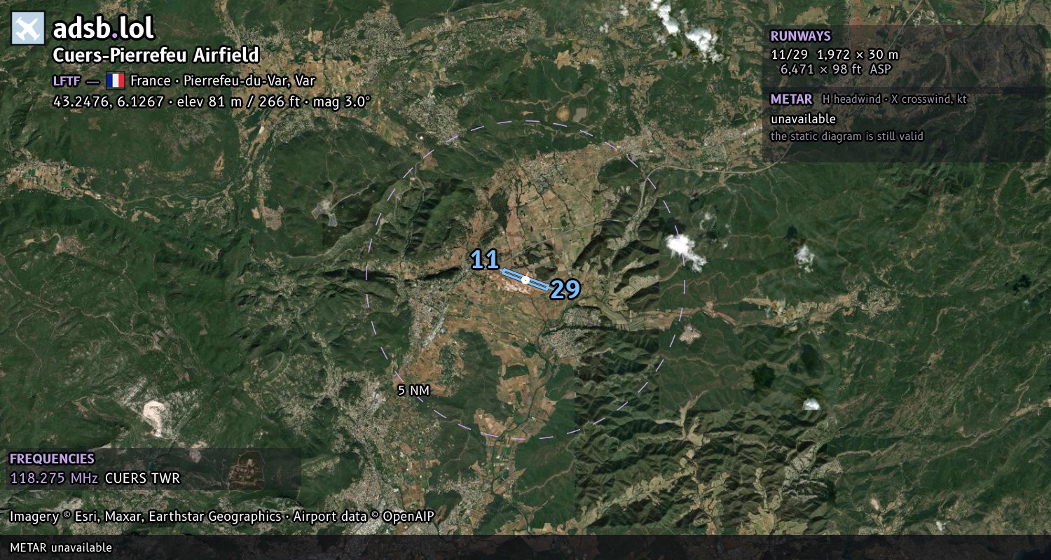 Satellite map with the runway layout of Cuers-Pierrefeu Airfield (LFTF)